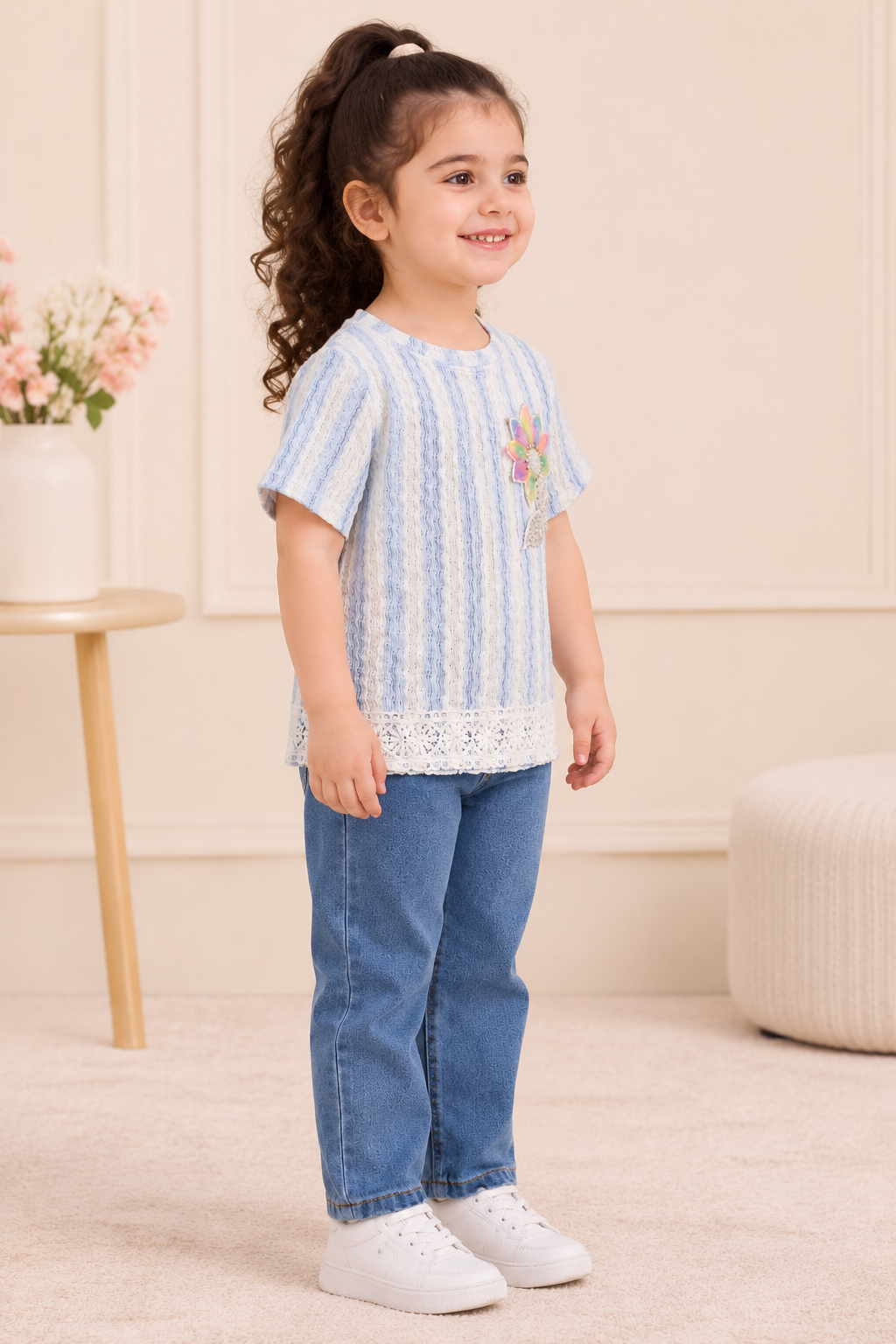 Girls Blue Textured Floral Applique Top