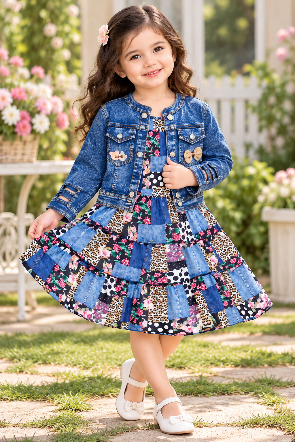 Printed Dress with Denim Jacket Set