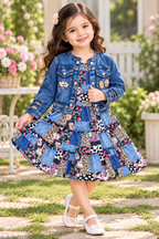 Printed Dress with Denim Jacket Set