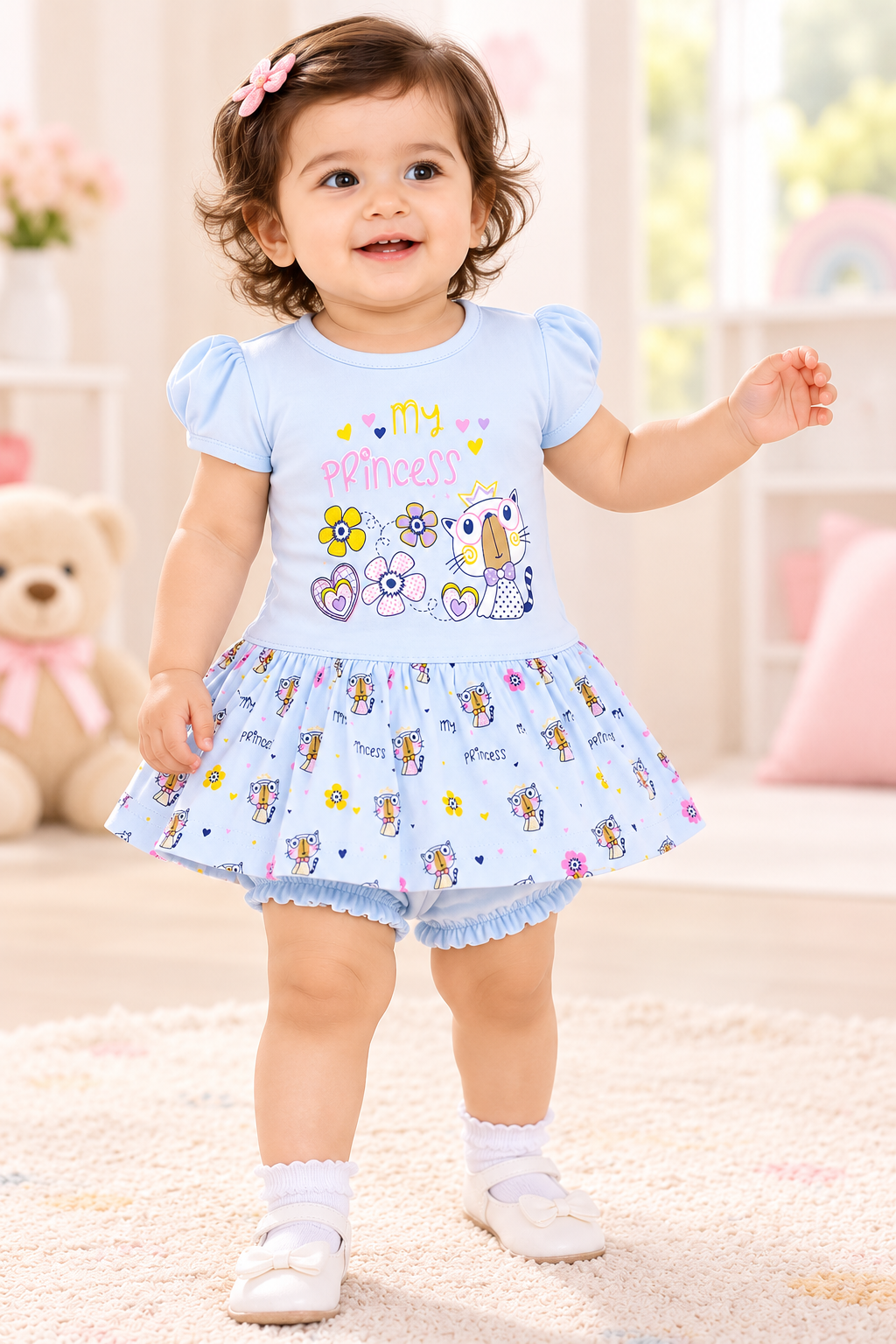 Girls Light Blue Owl Print Frock