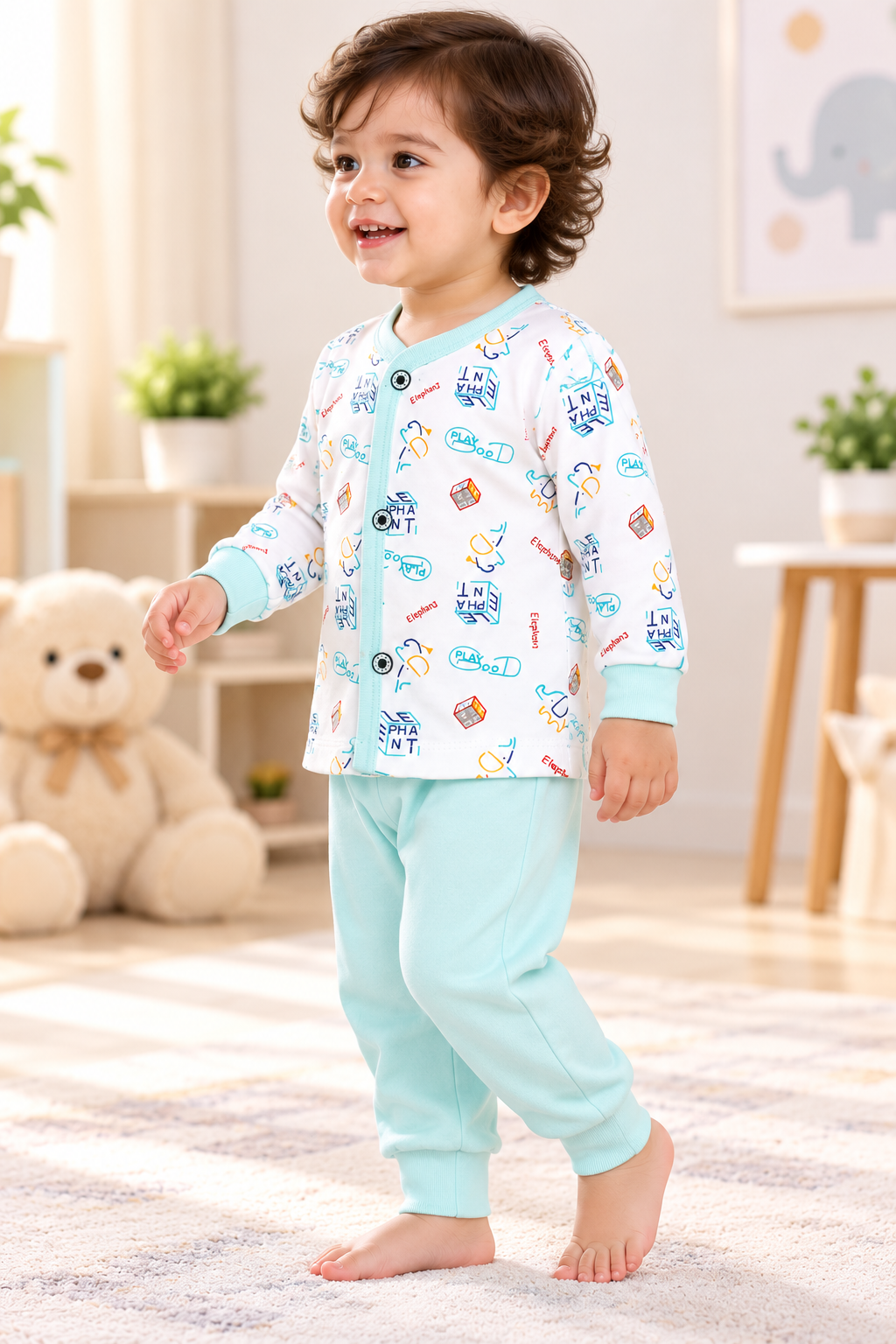 Baby Elephant Print Full-Sleeve Top  Jogger Set