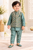 Boys Seafoam Green Printed Nehru Jacket & Kurta Pajama Set