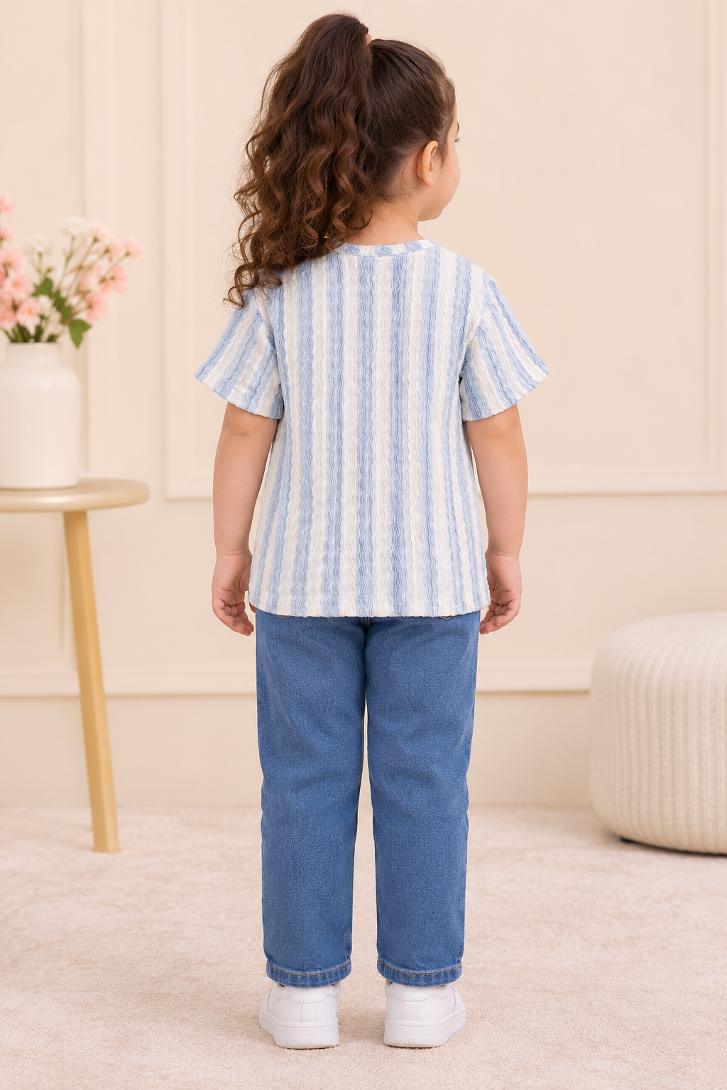 Girls Blue Textured Floral Applique Top