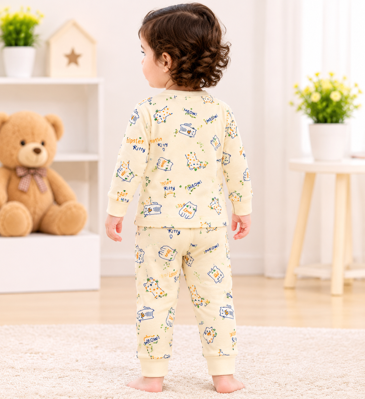 Baby Cat Print Full-Sleeve Top & Pyjama Set