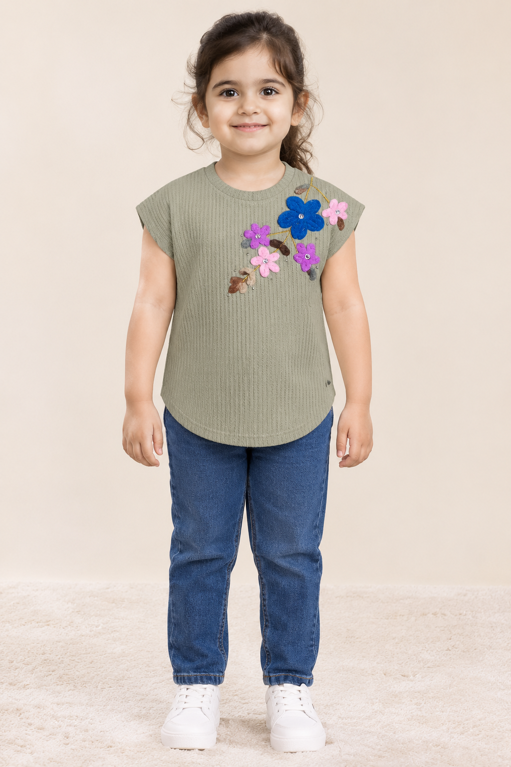 Girls Sage Green Floral Applique Textured Top