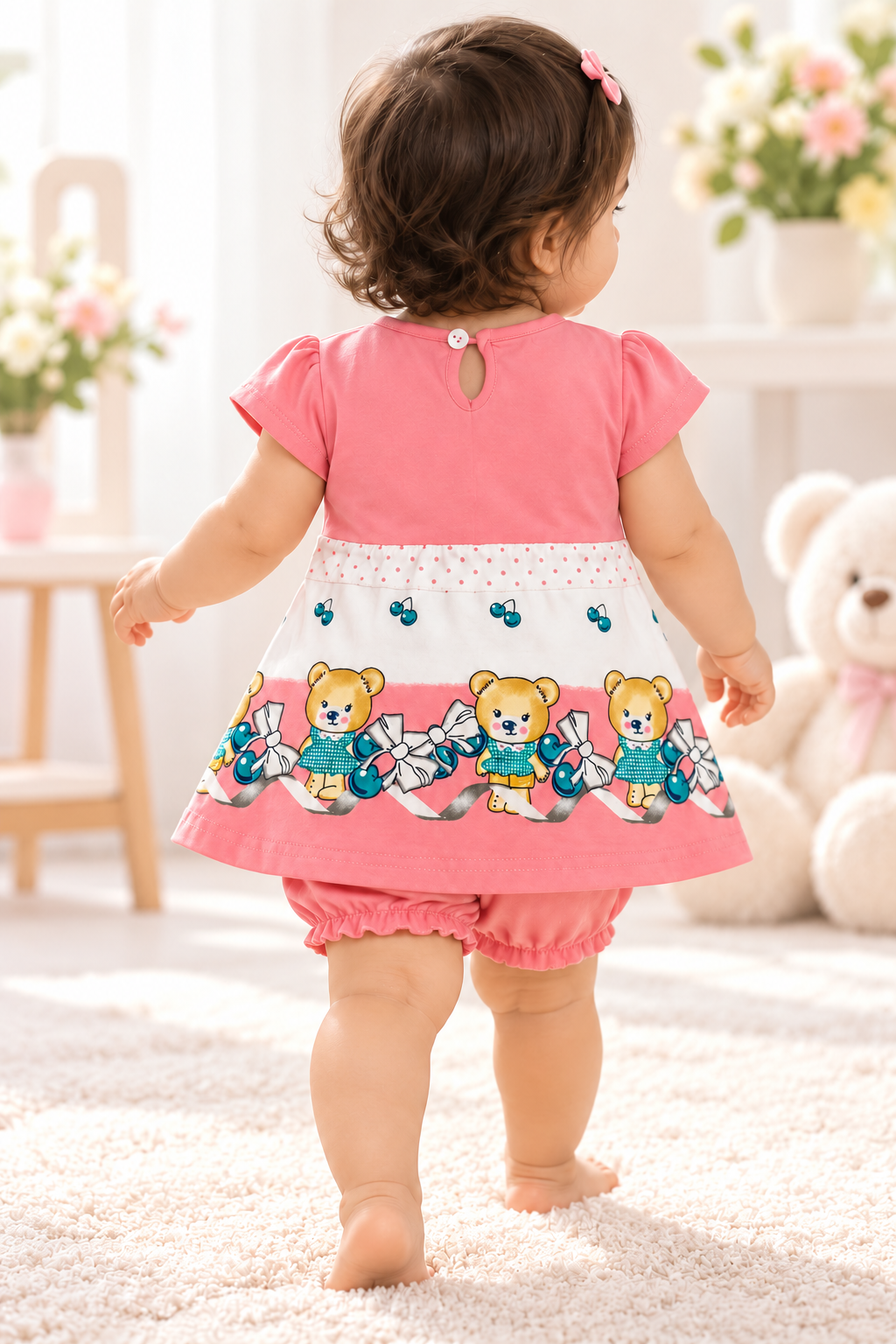 Girls Pink Bear Print Frock & Bloomer Set