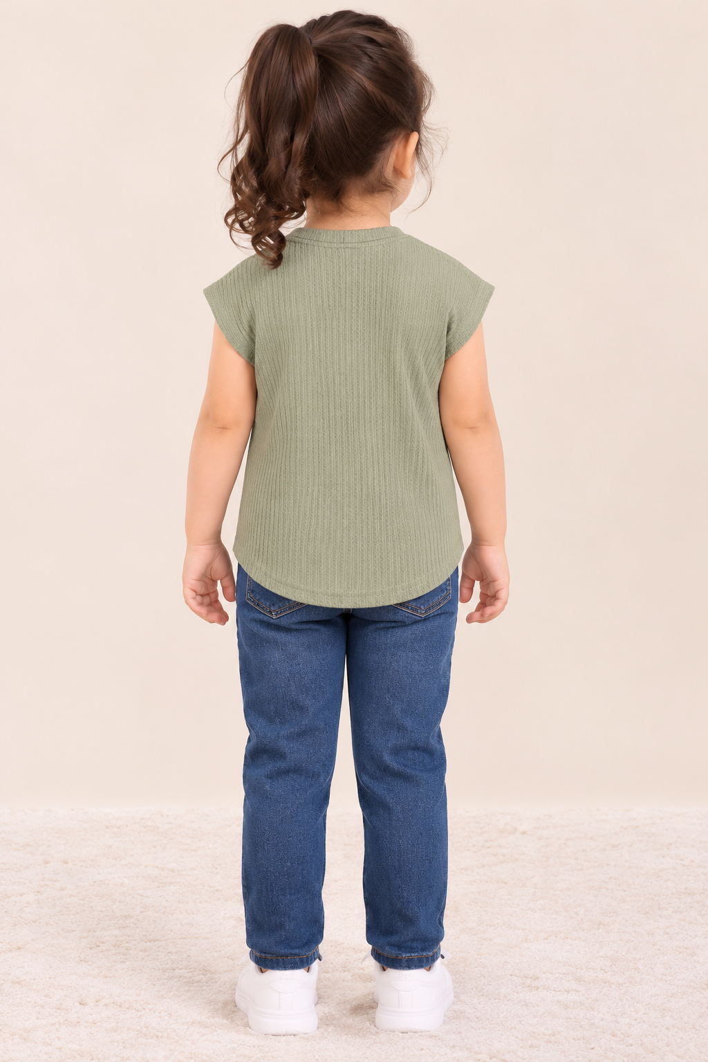 Girls Sage Green Floral Applique Textured Top