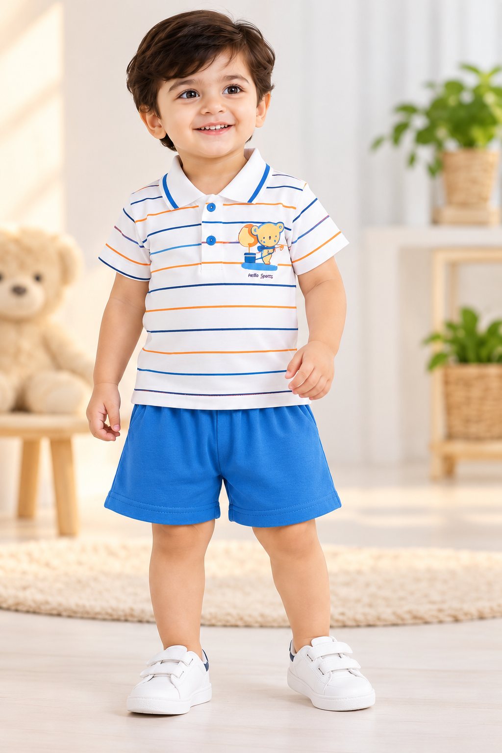 Boys White Striped Polo T-Shirt & Shorts Set