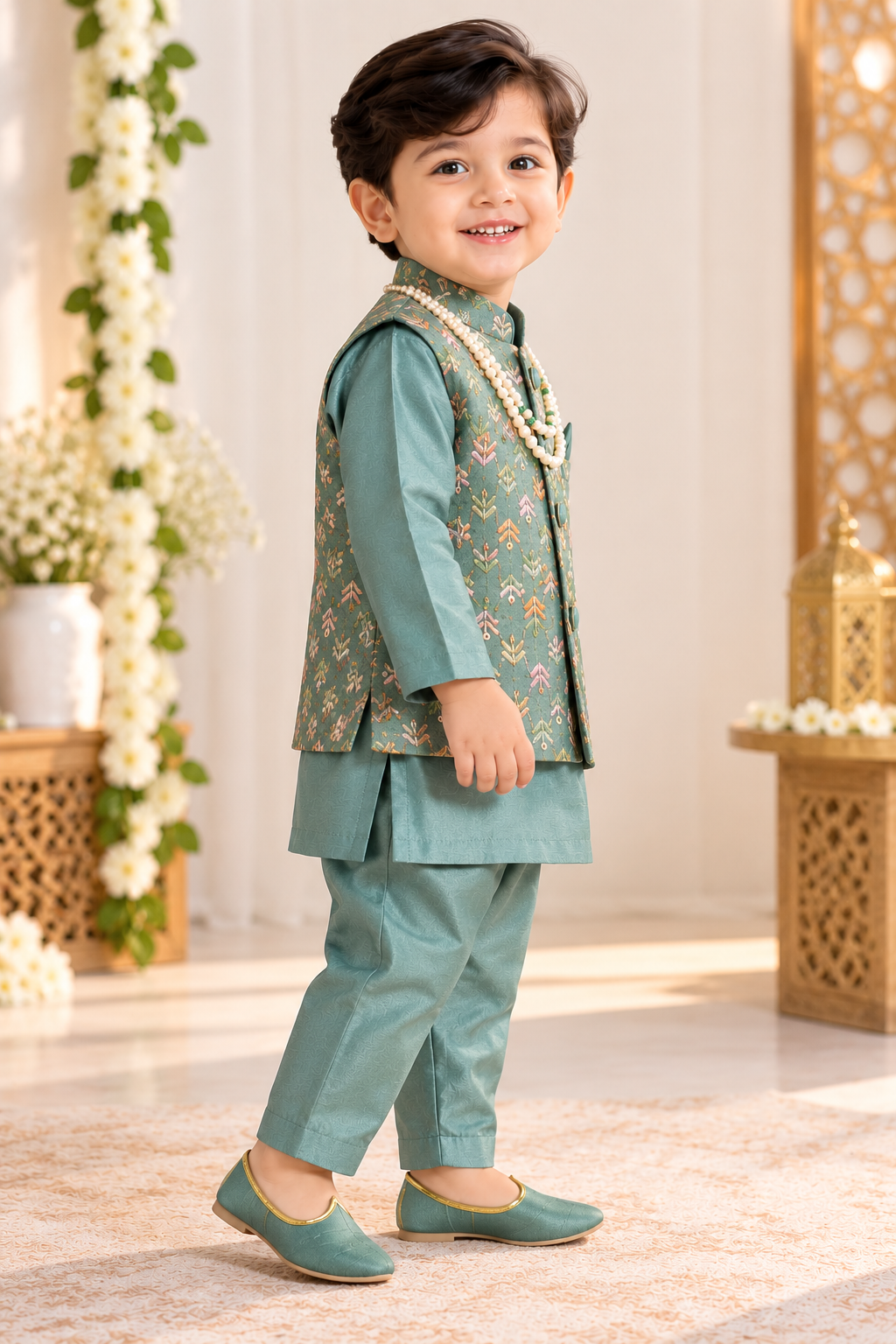 Boys Seafoam Green Printed Nehru Jacket & Kurta Pajama Set