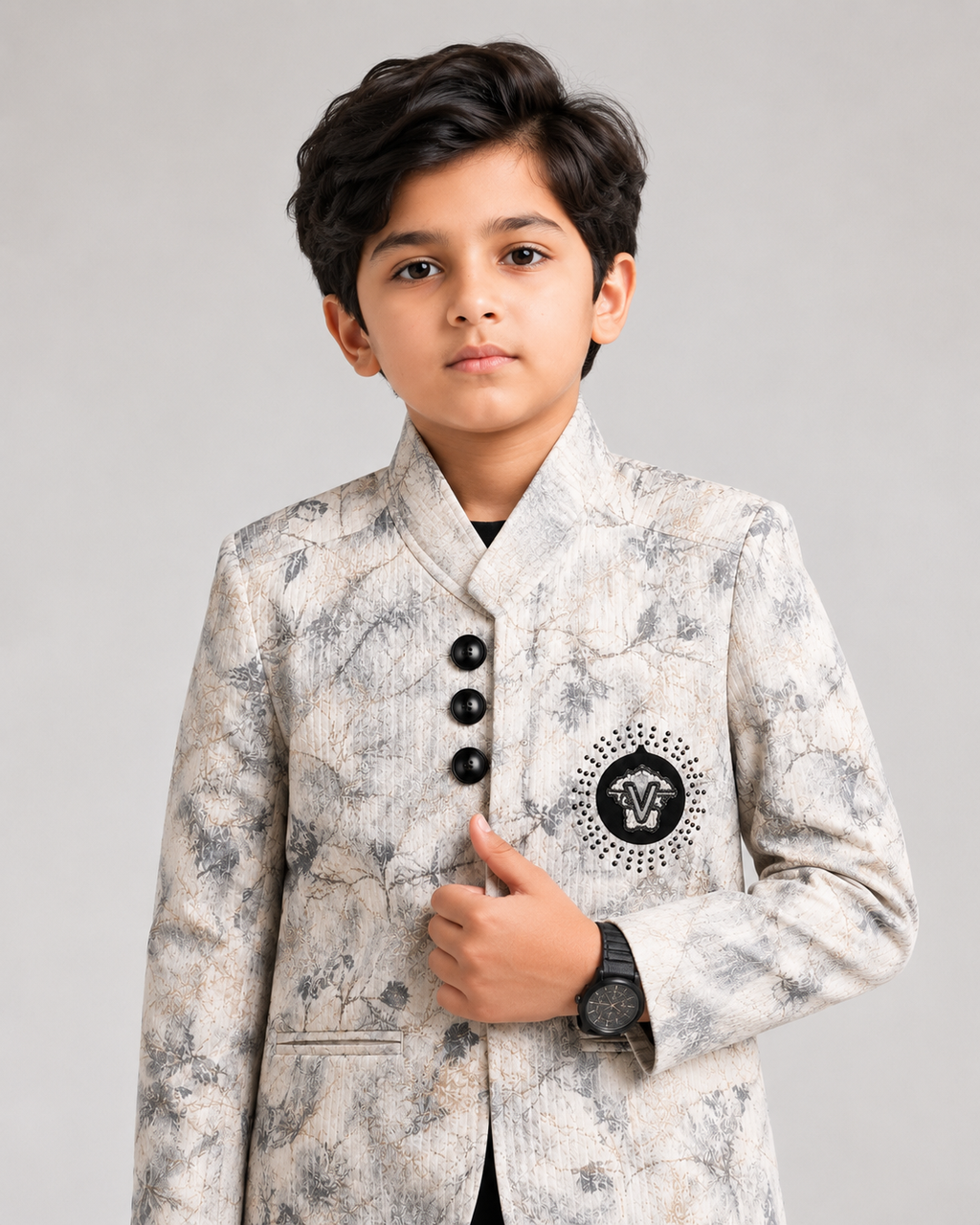 Beige Printed Blazer with Black Trousers
