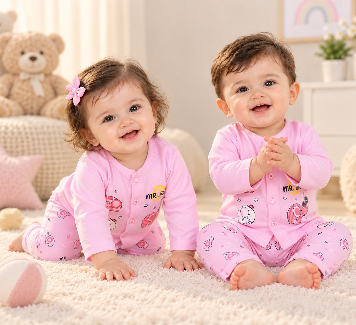 Baby Pink Elephant Print Night Suit