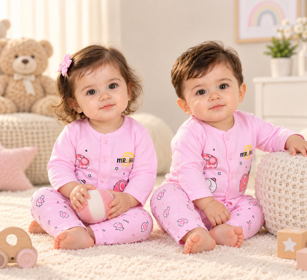 Baby Pink Elephant Print Night Suit