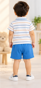 Boys White Striped Polo T-Shirt & Shorts Set
