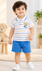 Boys White Striped Polo T-Shirt & Shorts Set