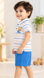 Boys White Striped Polo T-Shirt & Shorts Set